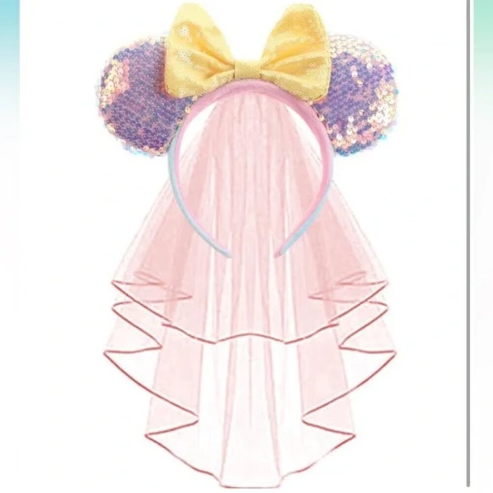 Disney Minnie Mouse ears sequin veil headband bride newlywed bachelorette